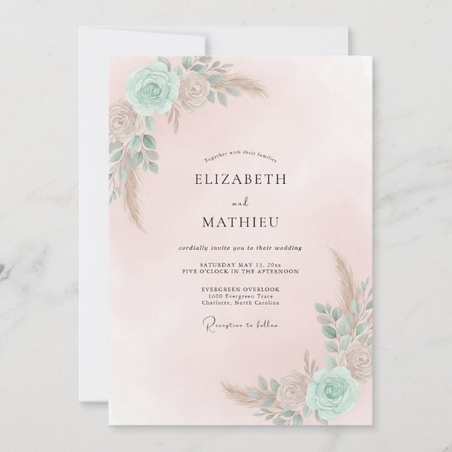 Seafoam Peach Ranunculus Sage Wedding Invitation (Front)