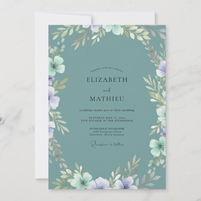 Seafoam Periwinkle Foliage Eucalyptus Wedding Invitation (Front)