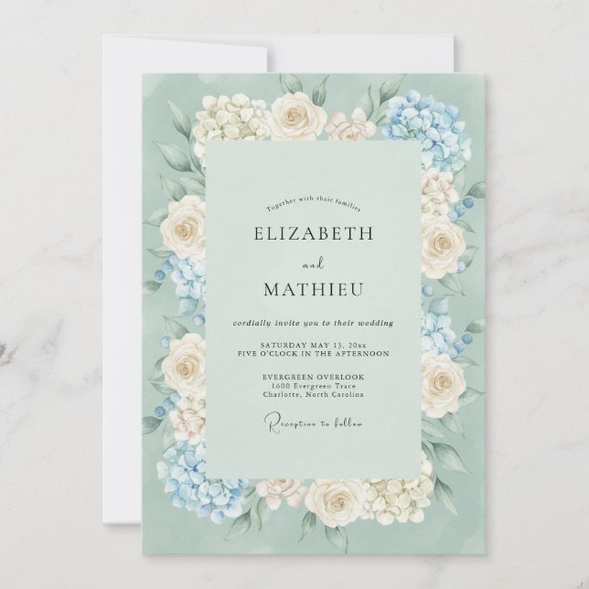 Seafoam Periwinkle Hydrangea Grey Eucalyptus Weddi Invitation (Front)