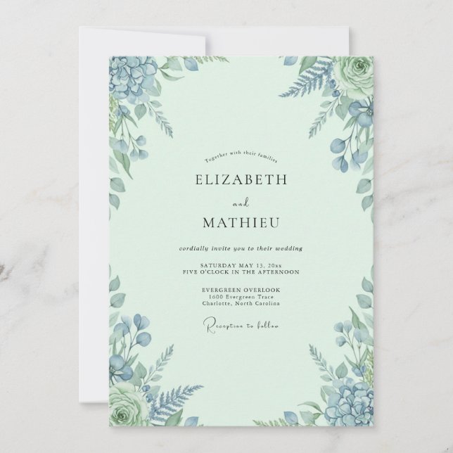 Seafoam Periwinkle Leafy Wedding Invitation (Front)