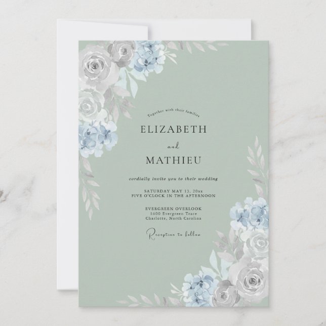 Seafoam Periwinkle Ranunculus Eucalyptus Wedding Invitation (Front)
