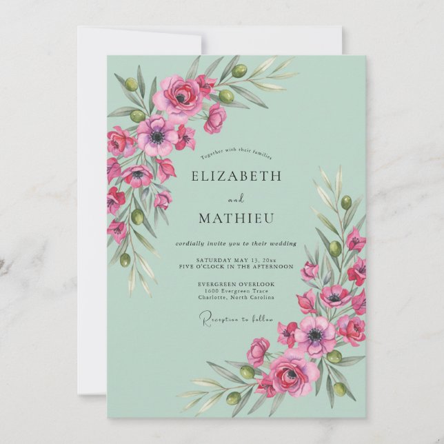 Seafoam Pink Poppy Wedding Invitation (Front)