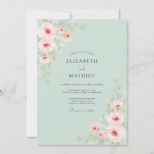Seafoam Pink Ranunculus Eucalyptus Wedding Invitation (Front)