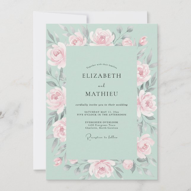 Seafoam Pink Rose Wedding Invitation (Front)