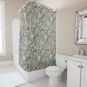 Seafoam Pink Yellow Retro Wildflower Shower Curtain