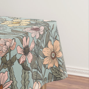 Seafoam Pink Yellow Retro Wildflower Tablecloth