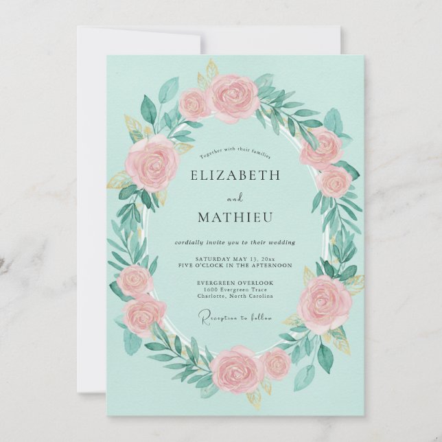 Seafoam Rose Pink Wreath Wedding Invitation (Front)