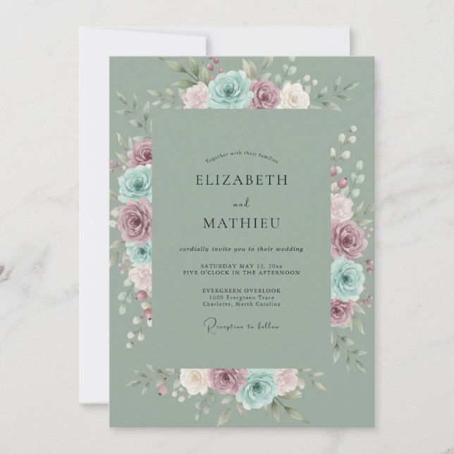 Seafoam Rose Wedding Invitation (Front)