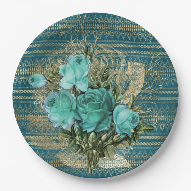 Seafoam Roses Bouquet Paper Plate (Front)