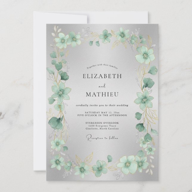 Seafoam Silver Foliage Dusty Eucalyptus Wedding Invitation (Front)