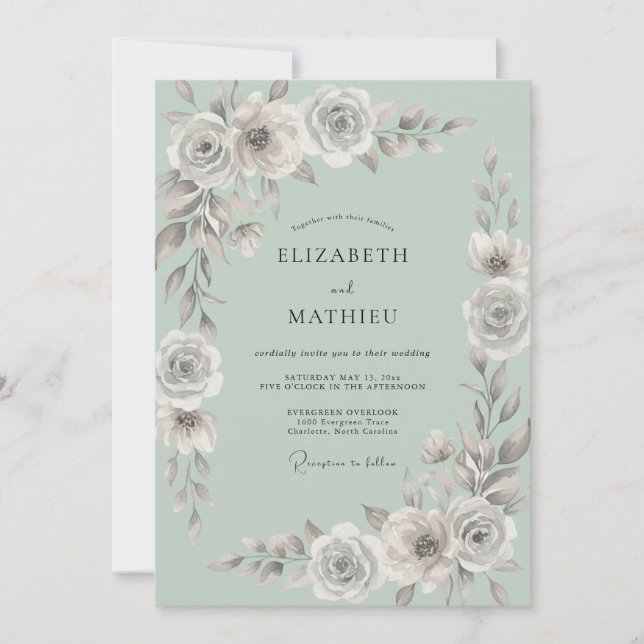 Seafoam Silver Foliage Eucalyptus Wedding Invitation (Front)