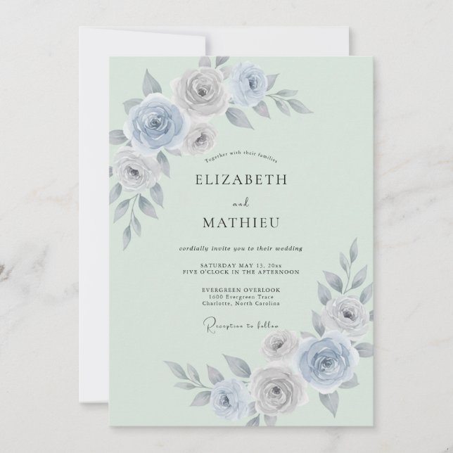 Seafoam Silver Ranunculus Eucalyptus Wedding Invitation (Front)