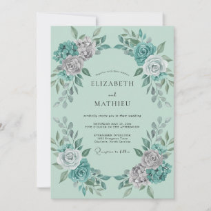 Seafoam Silver Rose Wedding Invitation