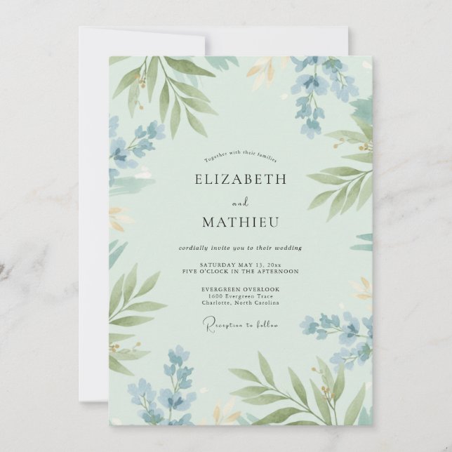Seafoam Sky Foliage Grey Eucalyptus Wedding Invitation (Front)
