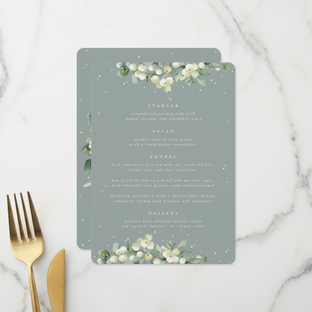 Seafoam Snowberry+Eucalyptus 4 Course Wedding Menu (Front/Back In Situ)