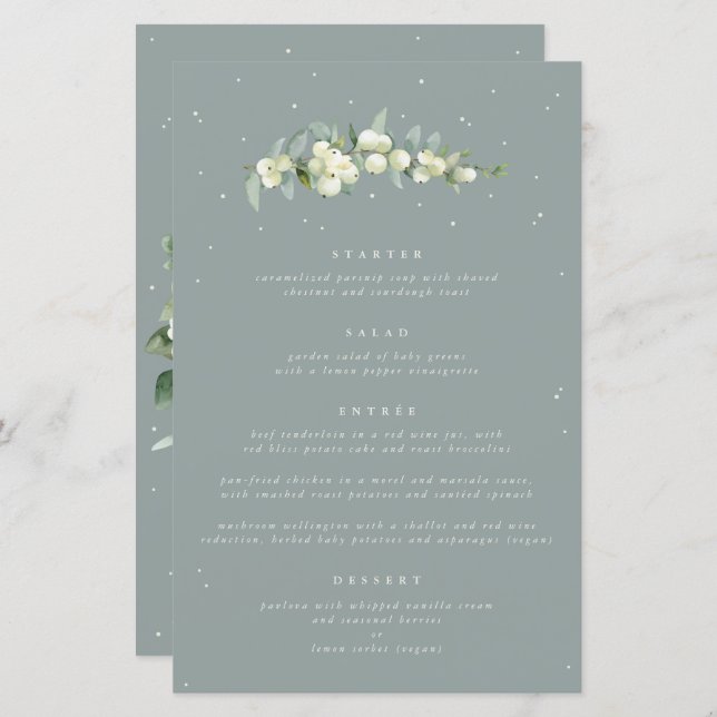 Seafoam Snowberry+Eucalyptus 4 Course Wedding Menu (Front/Back)