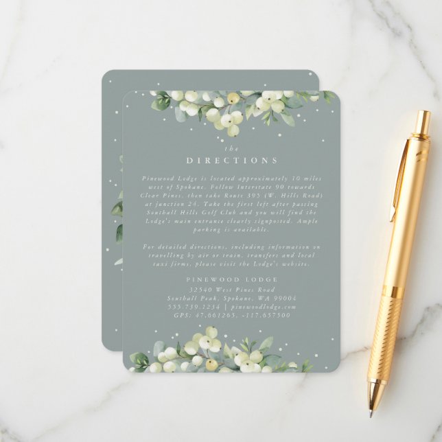 Seafoam Snowberry+Eucalyptus Edged Directions Enclosure Card (Front/Back In Situ)