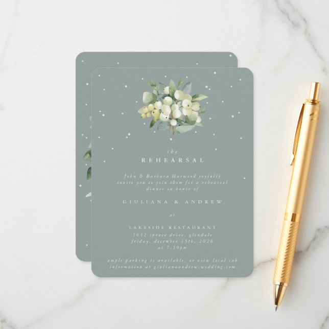 Seafoam Snowberry+Eucalyptus Wedding Rehearsal Enclosure Card (Front/Back In Situ)