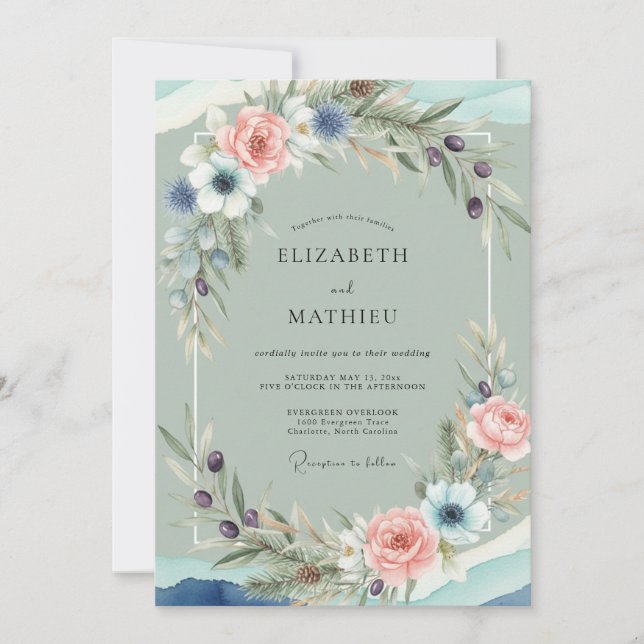 Seafoam Soft Coral Anemone Wedding Invitation (Front)