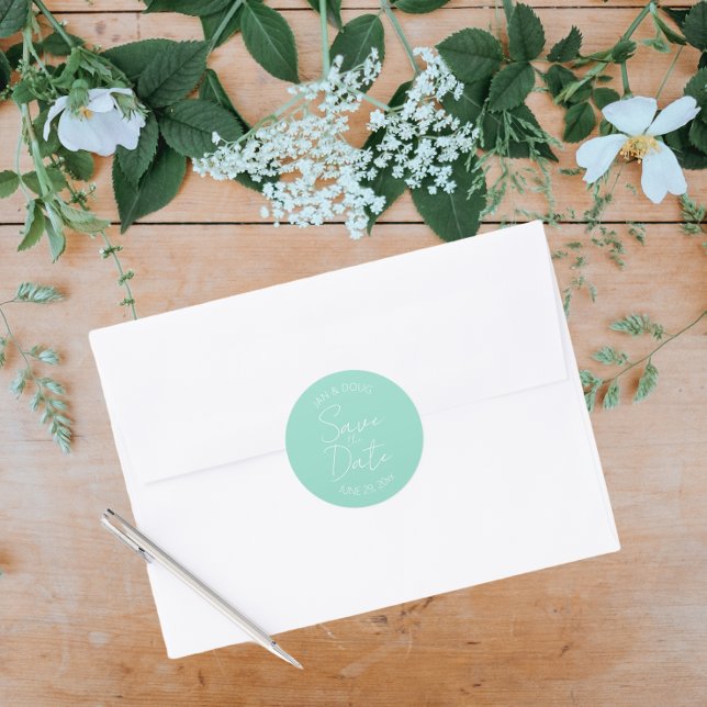  Seafoam Stylised Wedding Save the Date Classic Round Sticker (In Situ Wedding)