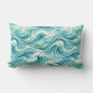Seafoam Symphony Watercolor Waves Lumbar Cushion