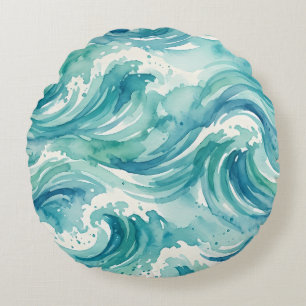 Seafoam Symphony Watercolor Waves Round Cushion