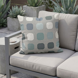 Seafoam Teal Blue Round Squares Pattern On Grey Cushion