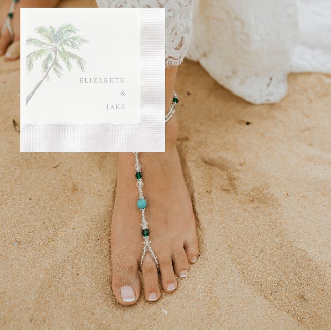 Seafoam Text Tropical Foliage Palm Tree Wedding Napkin (Creator Uploaded)