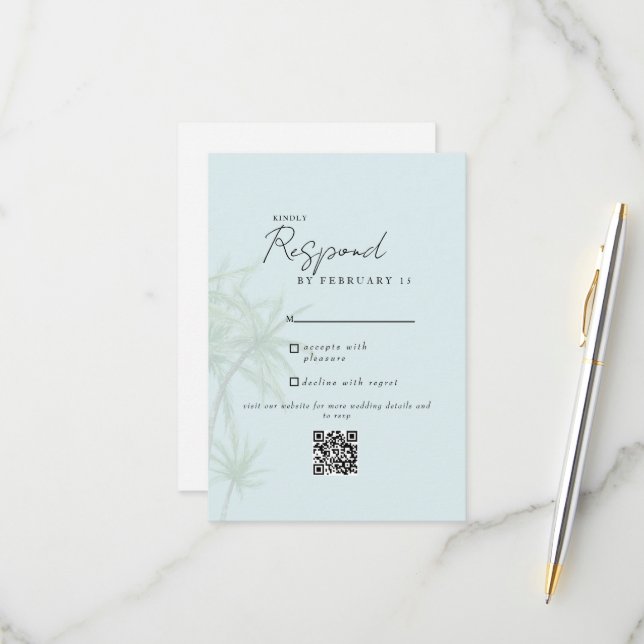 Seafoam Tropical Modern Wedding QR Code RSVP II (Front/Back In Situ)