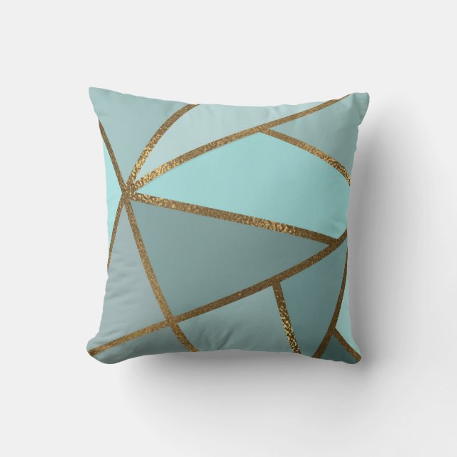 Seafoam Turquoise Green Blue & Bronze Geometric Cushion (Front)