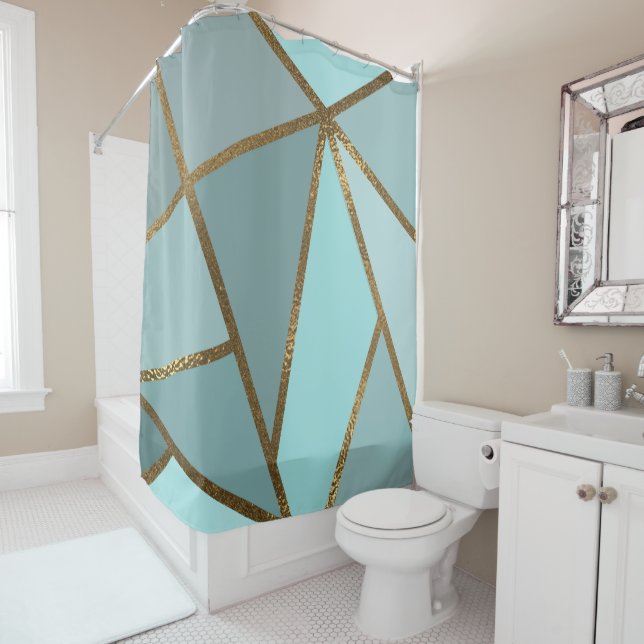 Seafoam Turquoise Green Blue & Bronze Geometric Shower Curtain (In Situ)