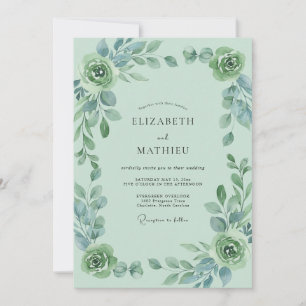 Seafoam Watercolor Leaf Wedding Invitation