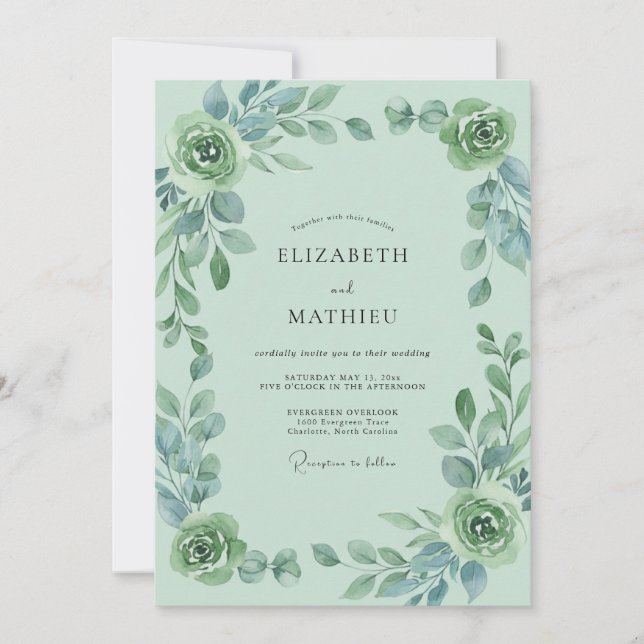 Seafoam Watercolor Leaf Wedding Invitation (Front)