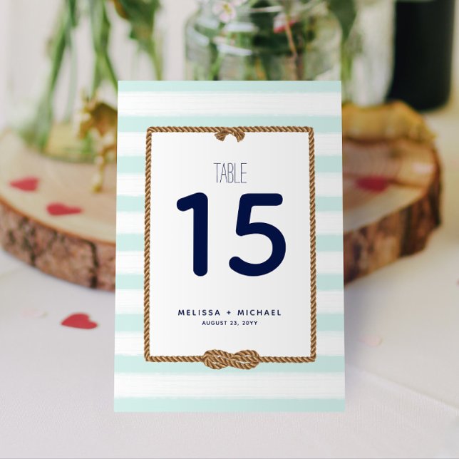 Seafoam White Nautical Knot 3.5x5.0 Table Number (Nautical Stripes and Infinity Knot Mint and White Table Numbers for Your Wedding, Shower, or Event!)