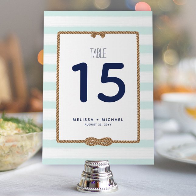 Seafoam & White Nautical Knot Table Number (5x7) (Modern Seafoam and White Striped Nautical Wedding or Event Table Numbers (Available for Download))