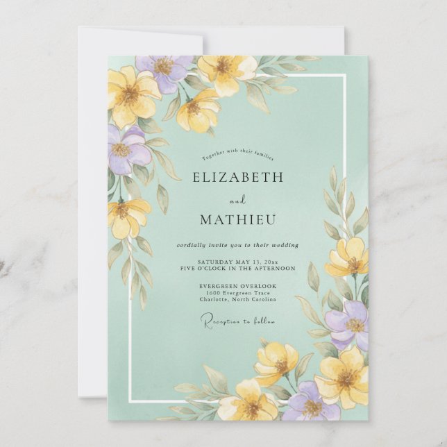 Seafoam Yellow Periwinkle Sprig Eucalyptus Wedding Invitation (Front)