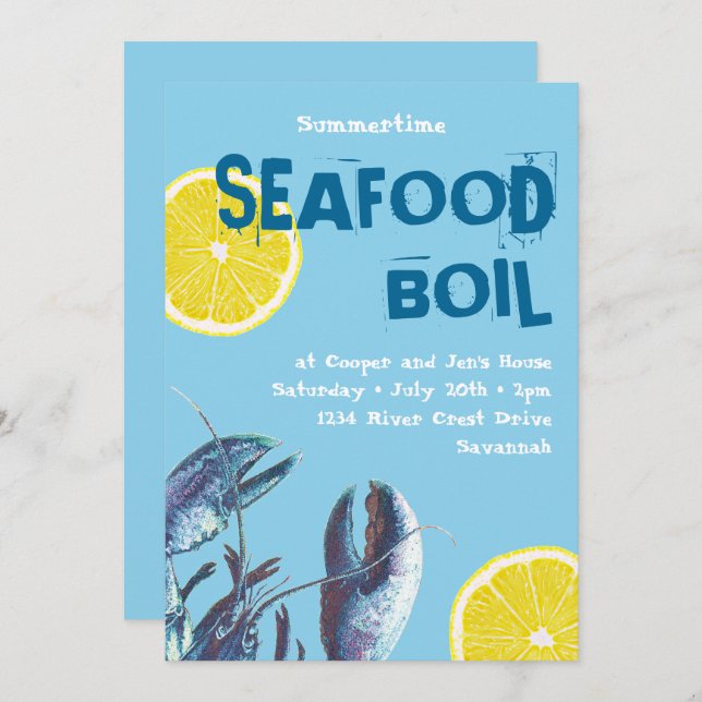 Seafood Boil Blue Lobster and Lemon Invitation (Front/Back)