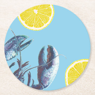 Seafood Boil Blue Lobster and Lemon Round Paper Coaster
