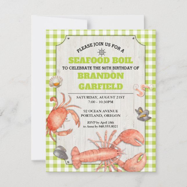 Seafood Boil Green Gingham and Wood Party Invitation (Front)
