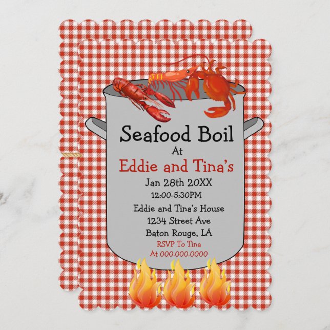 Seafood Boil Red Gingham Invitation (Front/Back)
