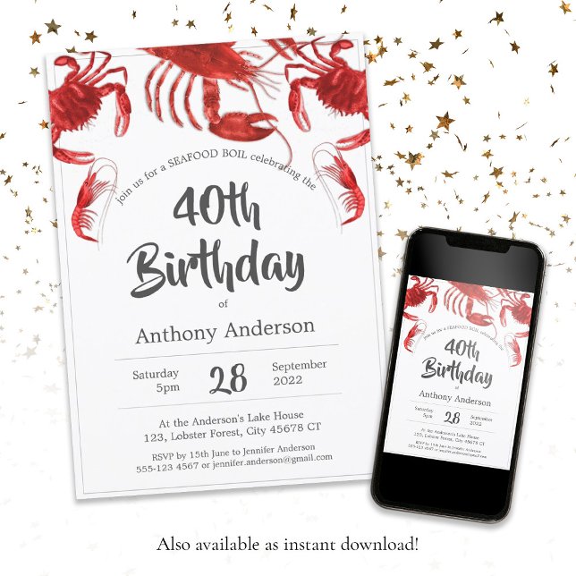 Seafood Boil Red White Custom Birthday Party Invitation (Seafood Boil Red White Custom Birthday Party Invitation)