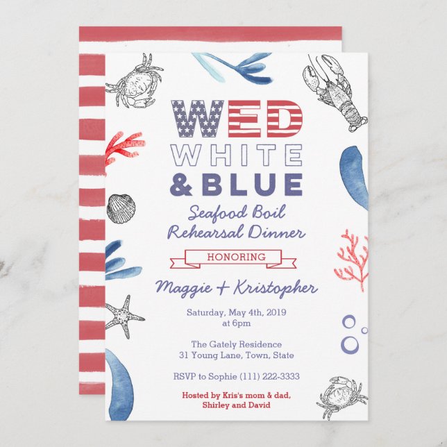 Seafood Boil Rehearsal Dinner, Red White Blue Invitation (Front/Back)