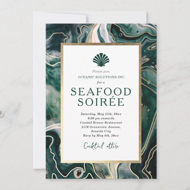 Seafood Dinner Invitation Emerald Marble (Front)