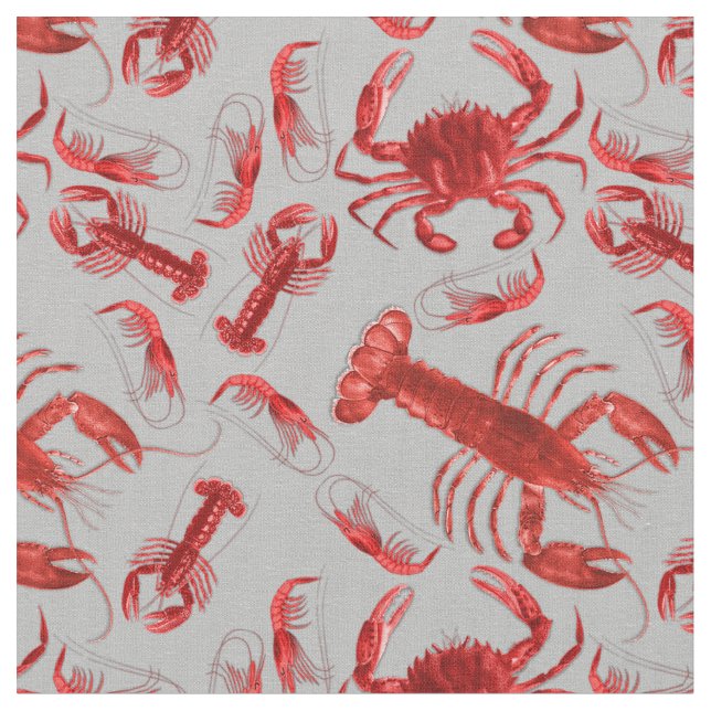 Seafood Pattern Crawfish Lobster Rustic Light Grey Fabric (Close Up)