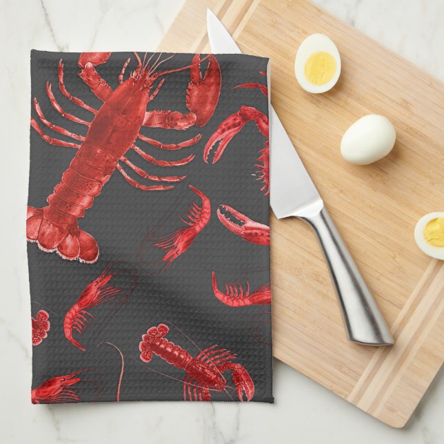 Seafood Pattern Dark Grey Rustic Crawfish Lobster Tea Towel (Quarter Fold)