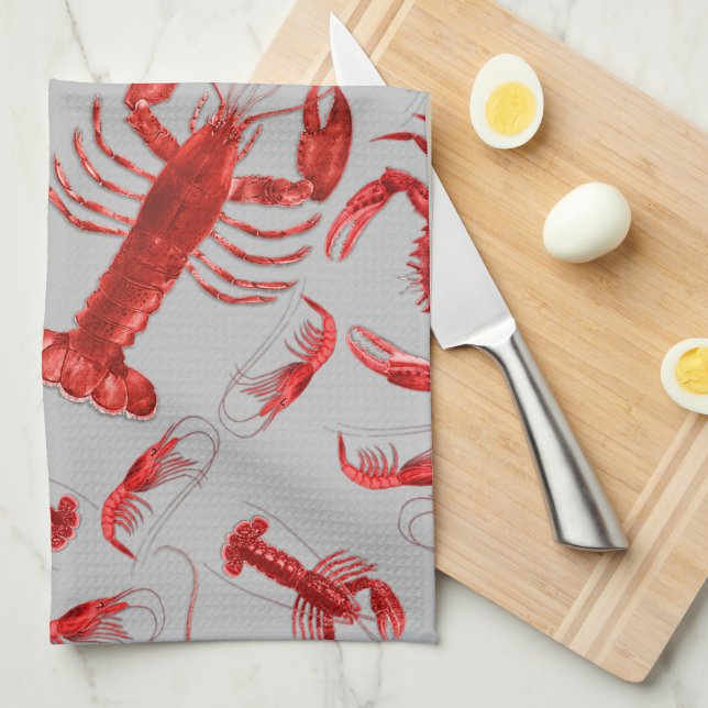 Seafood Pattern Light Grey Rustic Crawfish Lobster Tea Towel (Quarter Fold)