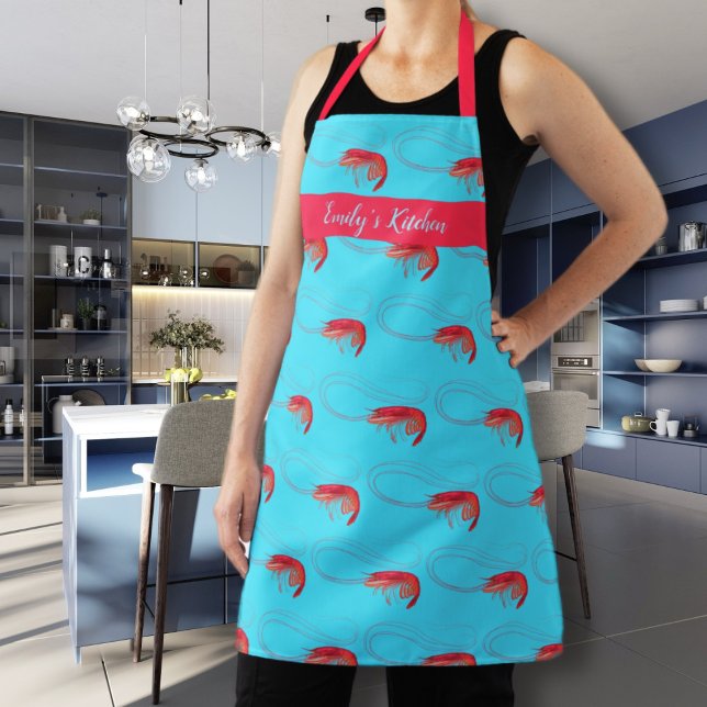 Seafood Pink Shrimp Personalised Aqua Blue Apron (Creator Uploaded)