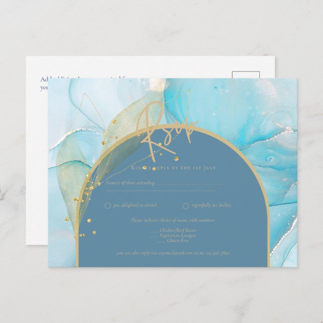Seaglass INK Teal Aqua Blue Gold Wedding RSVP Postcard (Front/Back)