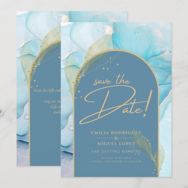 Seaglass INK Teal Aqua Blue Gold Wedding Save Date Invitation (Front/Back)