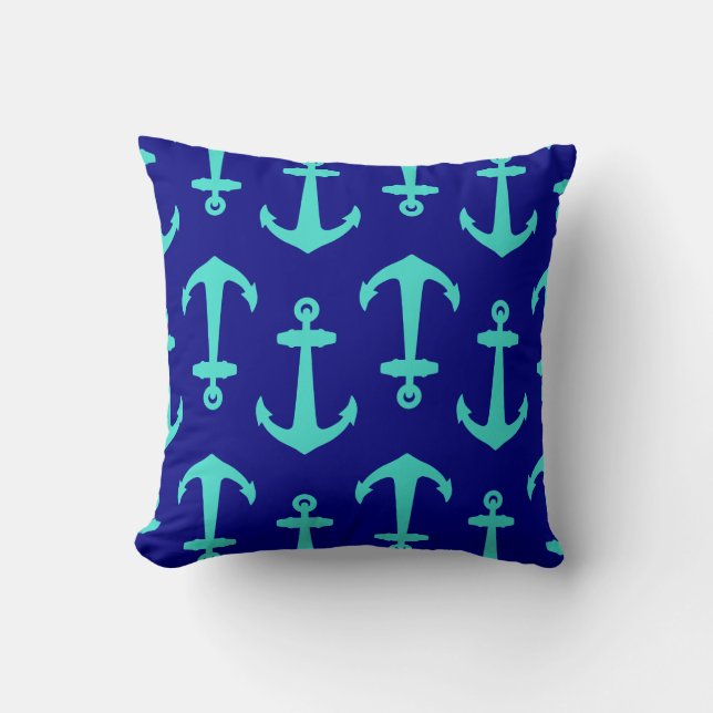 Seagreen Anchor On White Coastal Pattern Decor Cushion (Front)